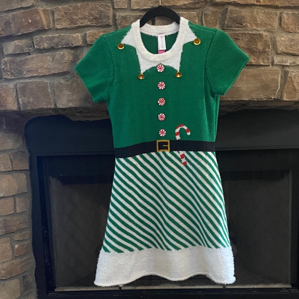 Green and White Elf Costume Dress with gold bells. Large